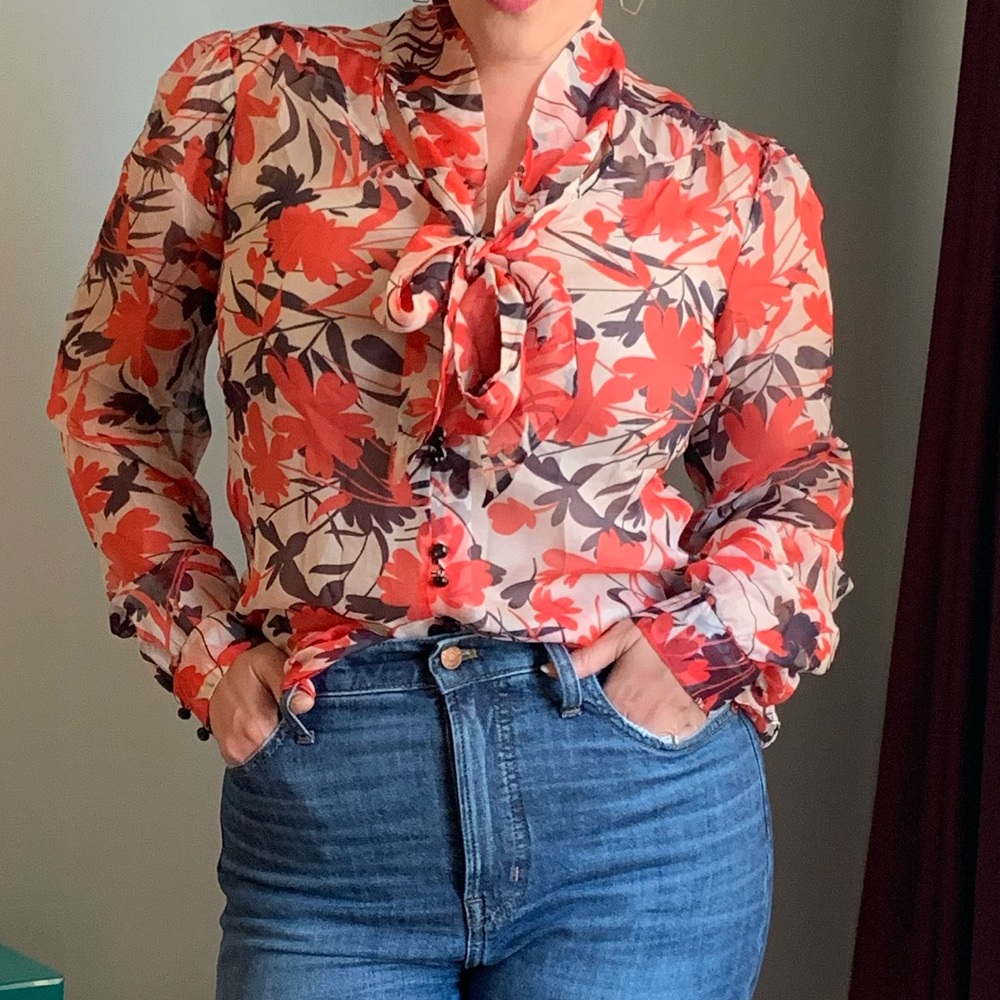 MILLY 100% silk tie neck blouse, 8